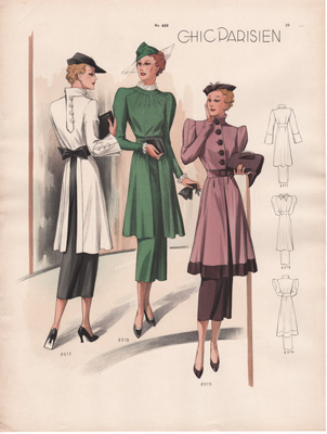 5 VINTAGE FRENCH FASHION PRINTS 1936